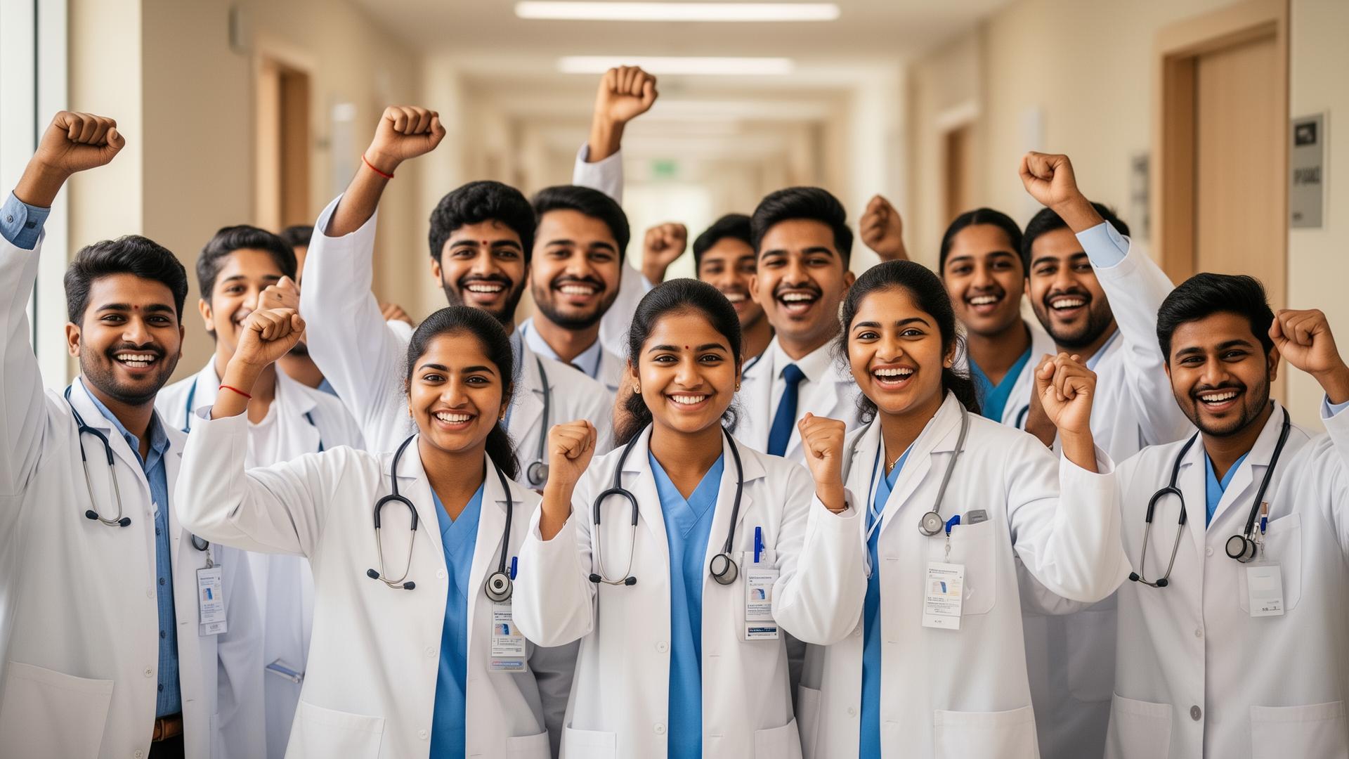 Happy Indian doctors celebrating medical exam success