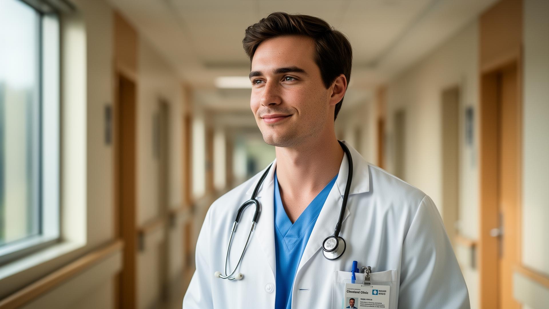 Confident young doctor in a modern hospital corridor