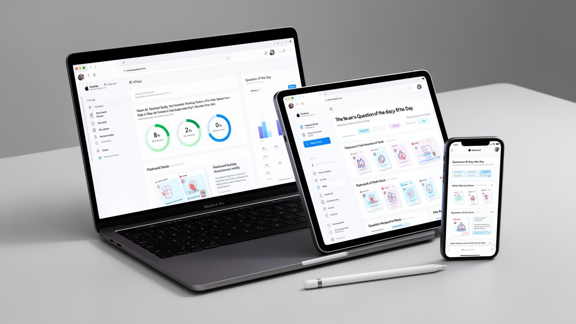 MacBook, iPad and iPhone showing synced medical study dashboard