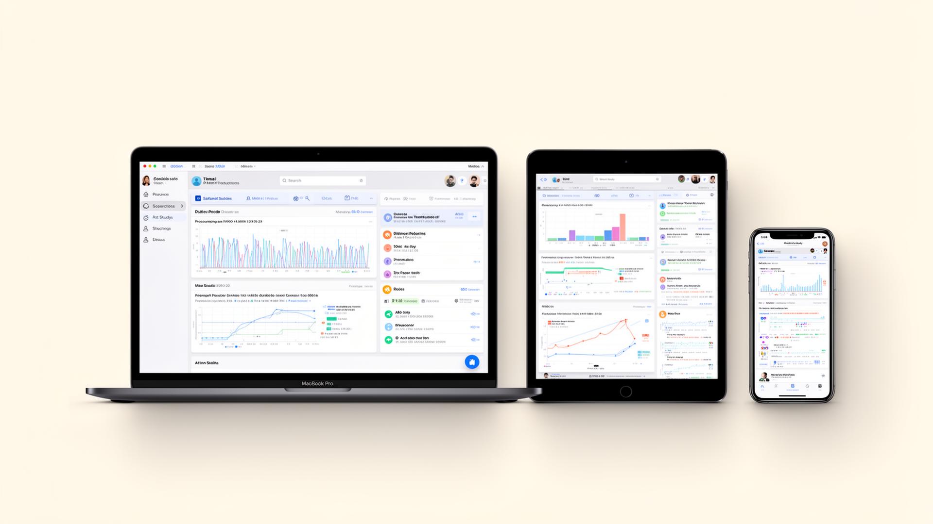 MacBook, iPad and iPhone showing synced medical study dashboard