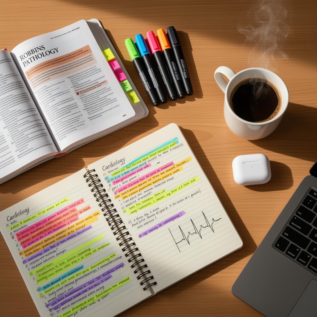 Open Robbins Pathology textbook beside color-coded handwritten cardiology notes, highlighters, coffee and a MacBook on an oak desk
